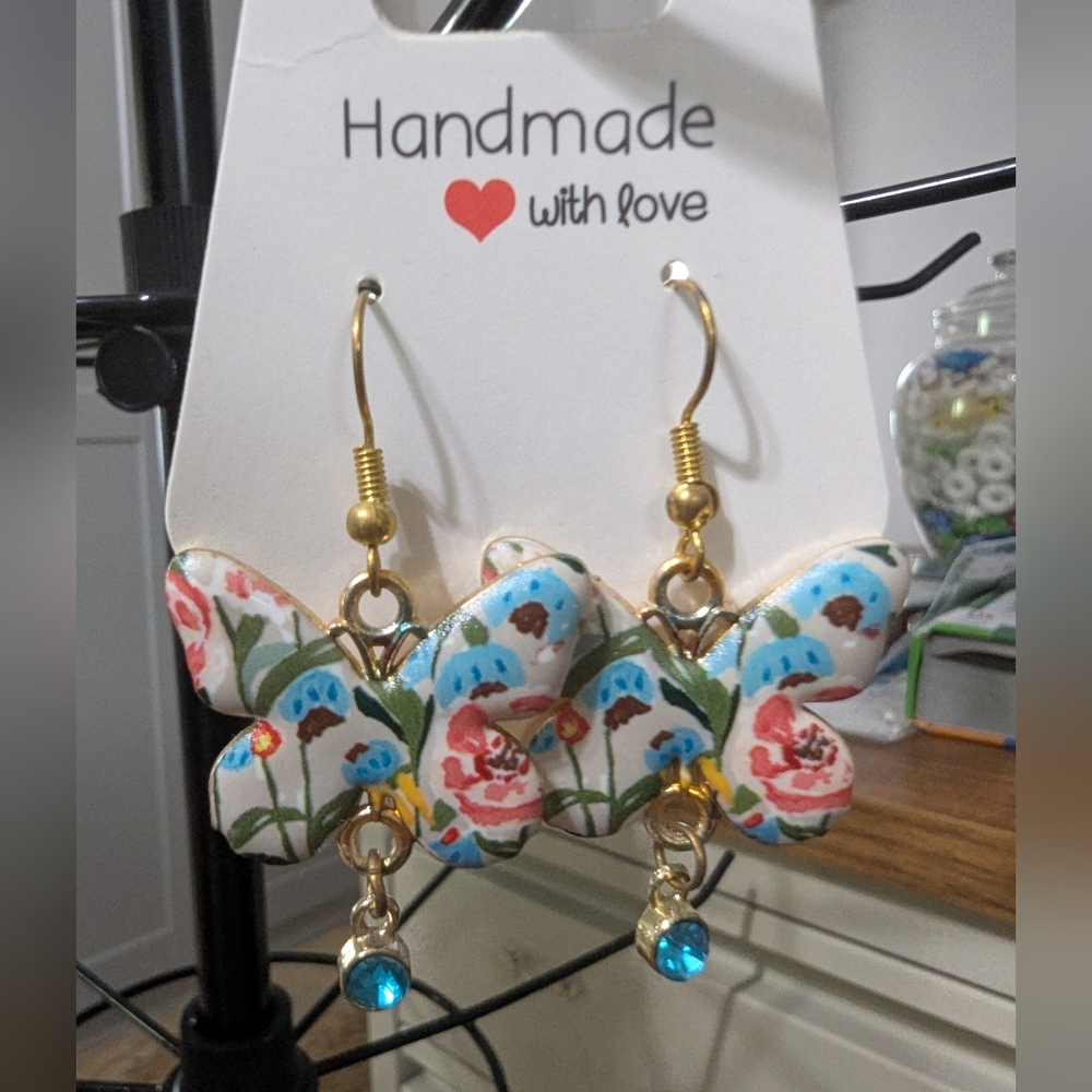 Handmade Floral Butterfly Earrings with Gold Accents